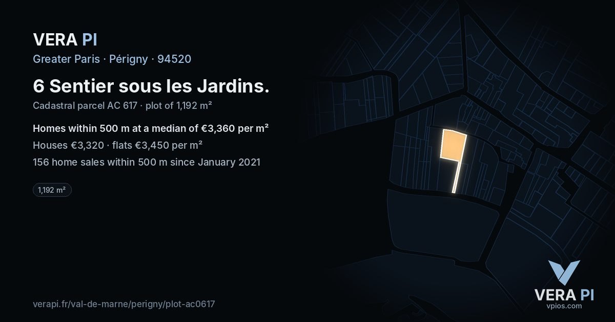 6 Sentier sous les Jardins, Périgny at night – the plot lit, the parcels around coloured by the prices near them