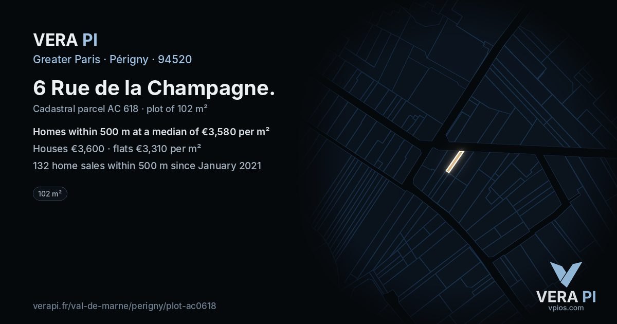 6 Rue de la Champagne, Périgny at night – the plot lit, the parcels around coloured by the prices near them