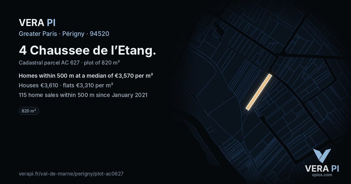 4 Chaussee de l’Etang, Périgny at night – the plot lit, the parcels around coloured by the prices near them