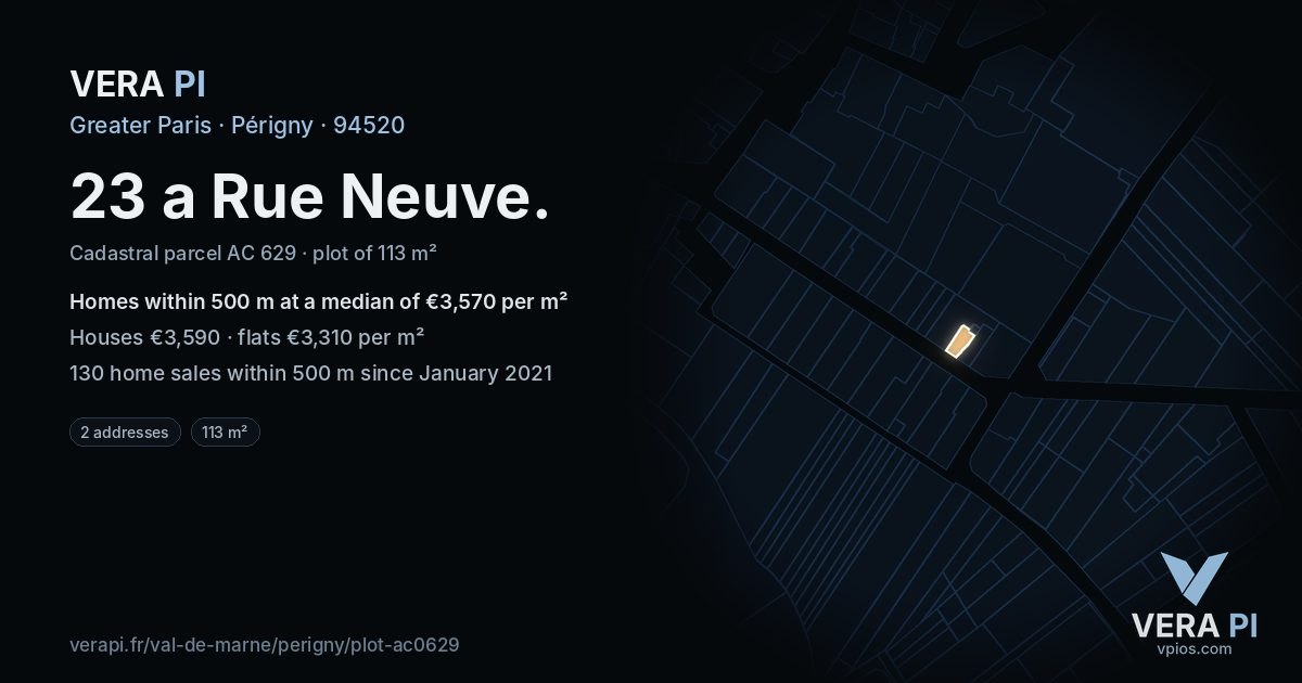 23 a Rue Neuve, Périgny at night – the plot lit, the parcels around coloured by the prices near them