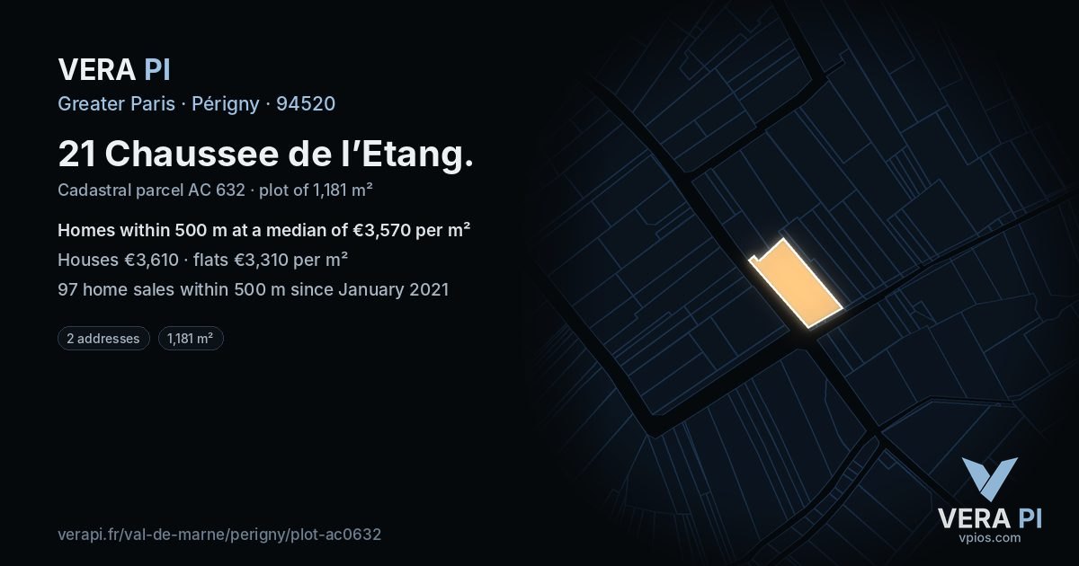 21 Chaussee de l’Etang, Périgny at night – the plot lit, the parcels around coloured by the prices near them
