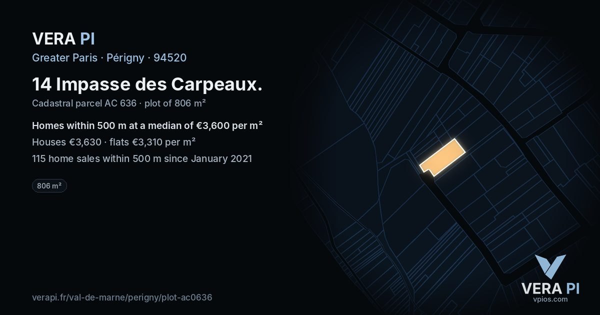 14 Impasse des Carpeaux, Périgny at night – the plot lit, the parcels around coloured by the prices near them