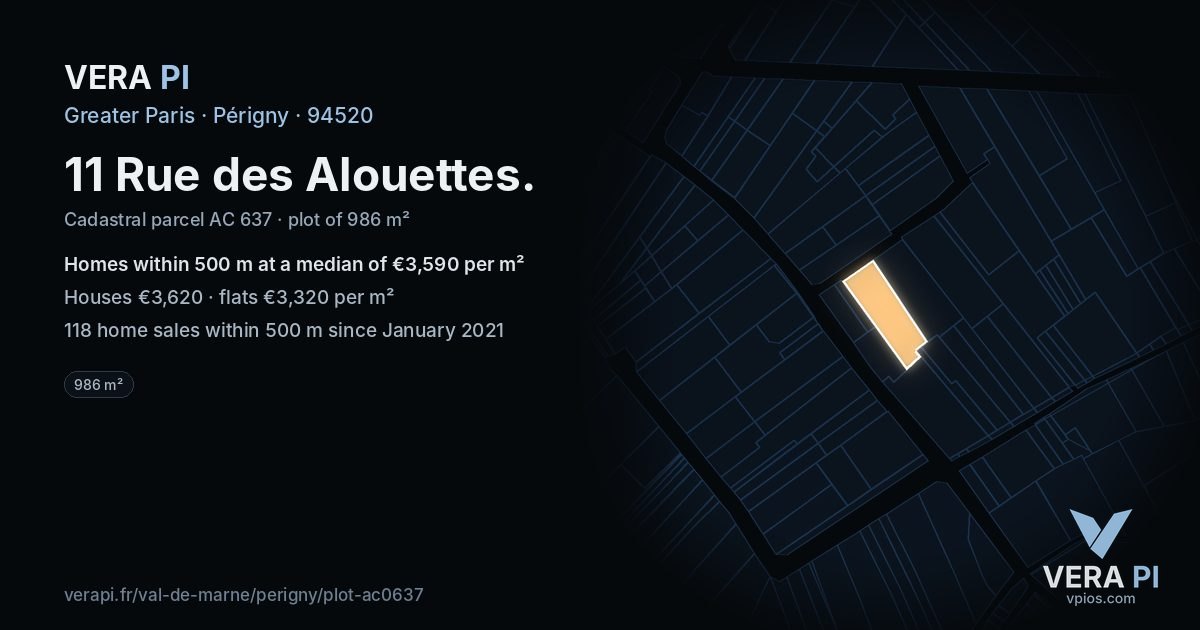 11 Rue des Alouettes, Périgny at night – the plot lit, the parcels around coloured by the prices near them