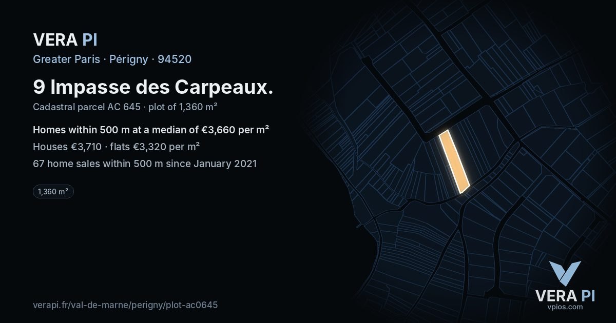 9 Impasse des Carpeaux, Périgny at night – the plot lit, the parcels around coloured by the prices near them