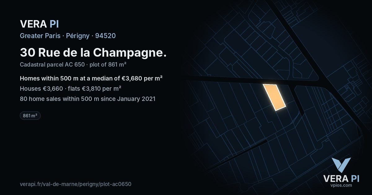 30 Rue de la Champagne, Périgny at night – the plot lit, the parcels around coloured by the prices near them