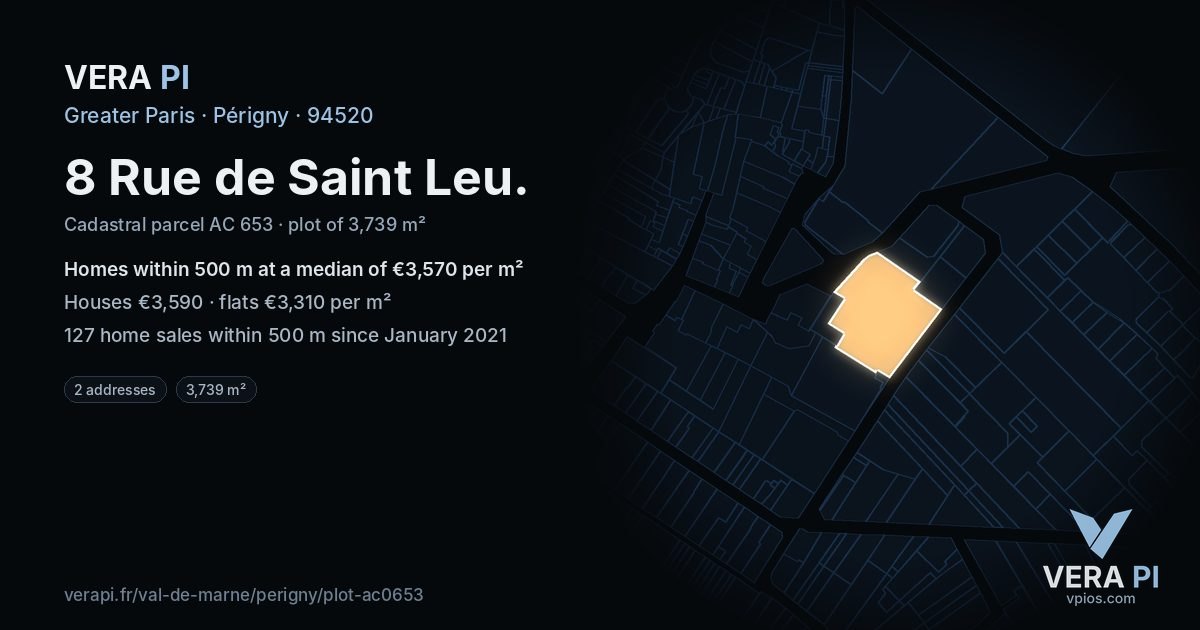 8 Rue de Saint Leu, Périgny at night – the plot lit, the parcels around coloured by the prices near them