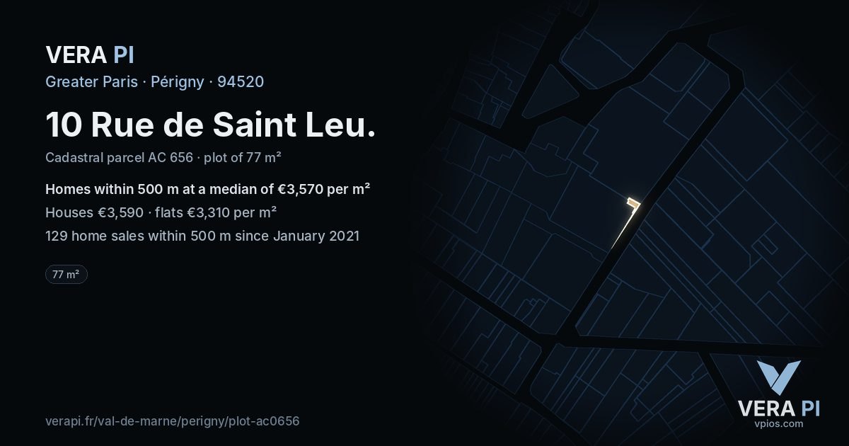 10 Rue de Saint Leu, Périgny at night – the plot lit, the parcels around coloured by the prices near them