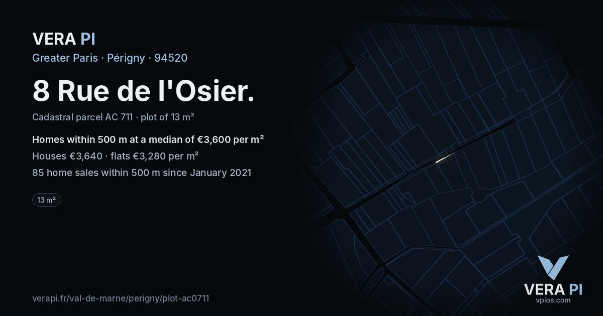 8 Rue de l'Osier, Périgny at night – the plot lit, the parcels around coloured by the prices near them