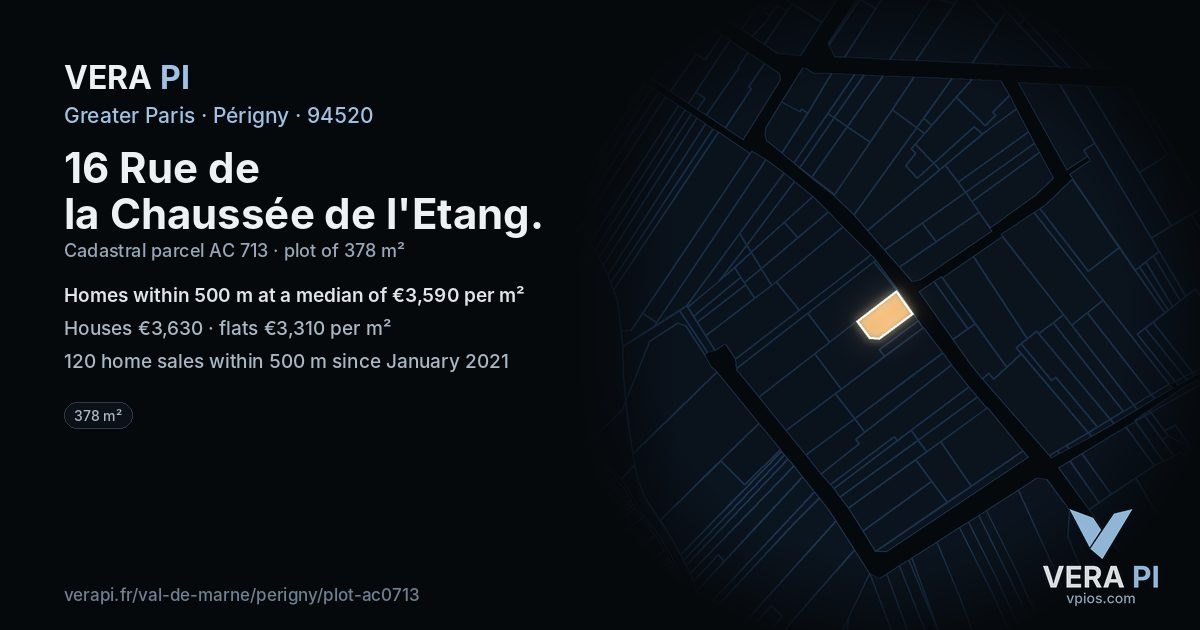 16 Rue de la Chaussée de l'Etang, Périgny at night – the plot lit, the parcels around coloured by the prices near them