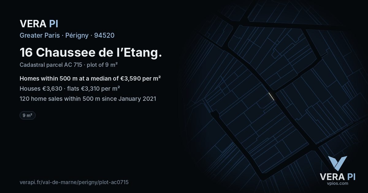 16 Chaussee de l’Etang, Périgny at night – the plot lit, the parcels around coloured by the prices near them