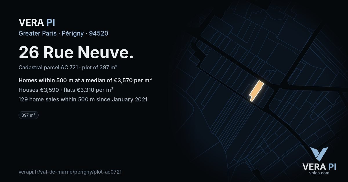 26 Rue Neuve, Périgny at night – the plot lit, the parcels around coloured by the prices near them