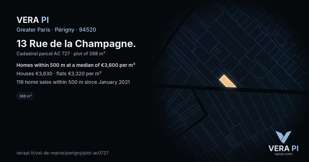 13 Rue de la Champagne, Périgny at night – the plot lit, the parcels around coloured by the prices near them
