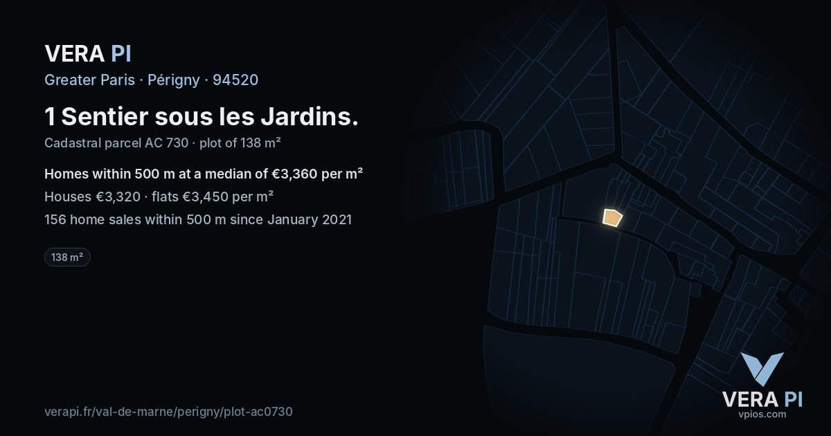 1 Sentier sous les Jardins, Périgny at night – the plot lit, the parcels around coloured by the prices near them