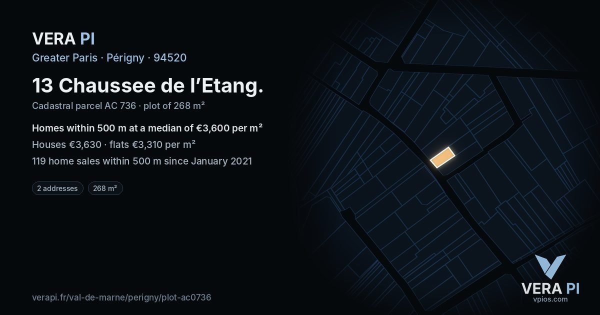 13 Chaussee de l’Etang, Périgny at night – the plot lit, the parcels around coloured by the prices near them
