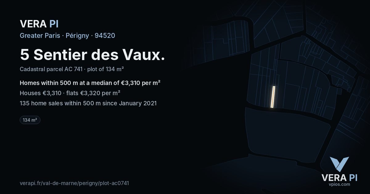 5 Sentier des Vaux, Périgny at night – the plot lit, the parcels around coloured by the prices near them