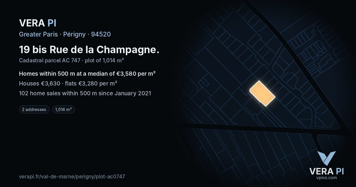 19 bis Rue de la Champagne, Périgny at night – the plot lit, the parcels around coloured by the prices near them