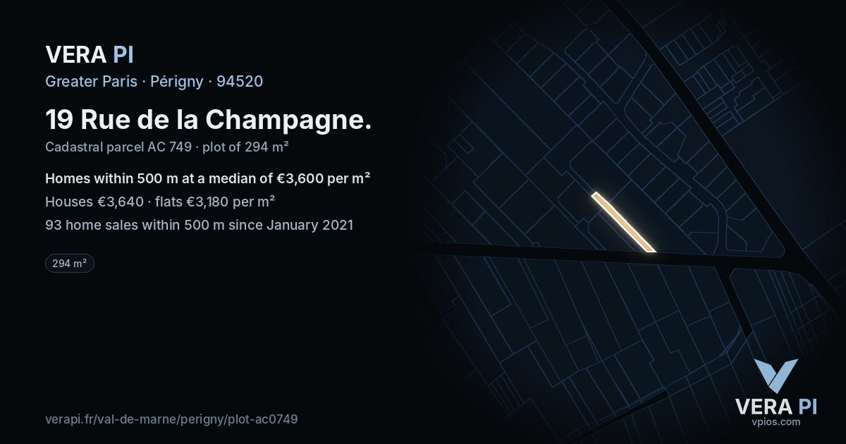 19 Rue de la Champagne, Périgny at night – the plot lit, the parcels around coloured by the prices near them