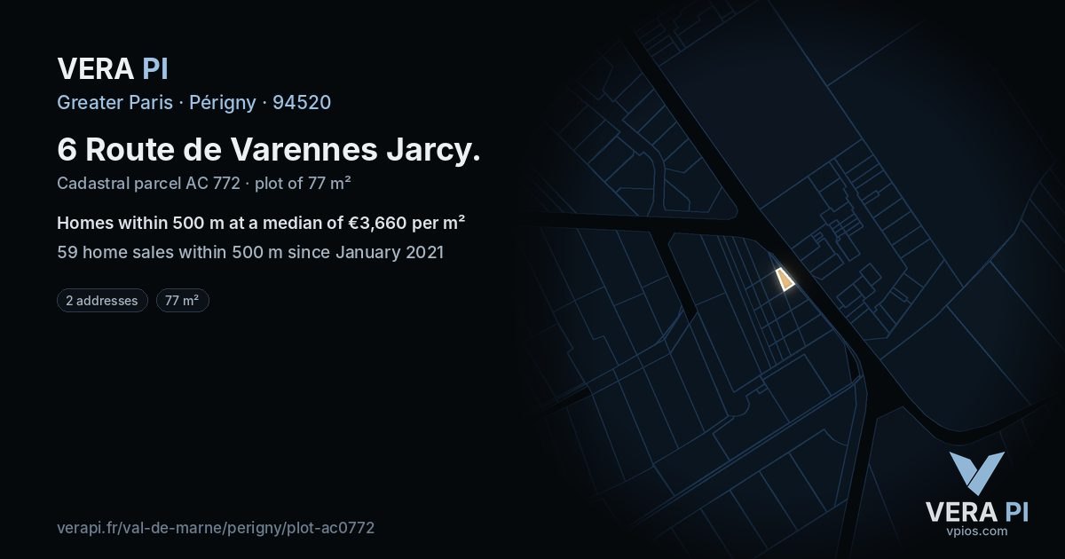 6 Route de Varennes Jarcy, Périgny at night – the plot lit, the parcels around coloured by the prices near them