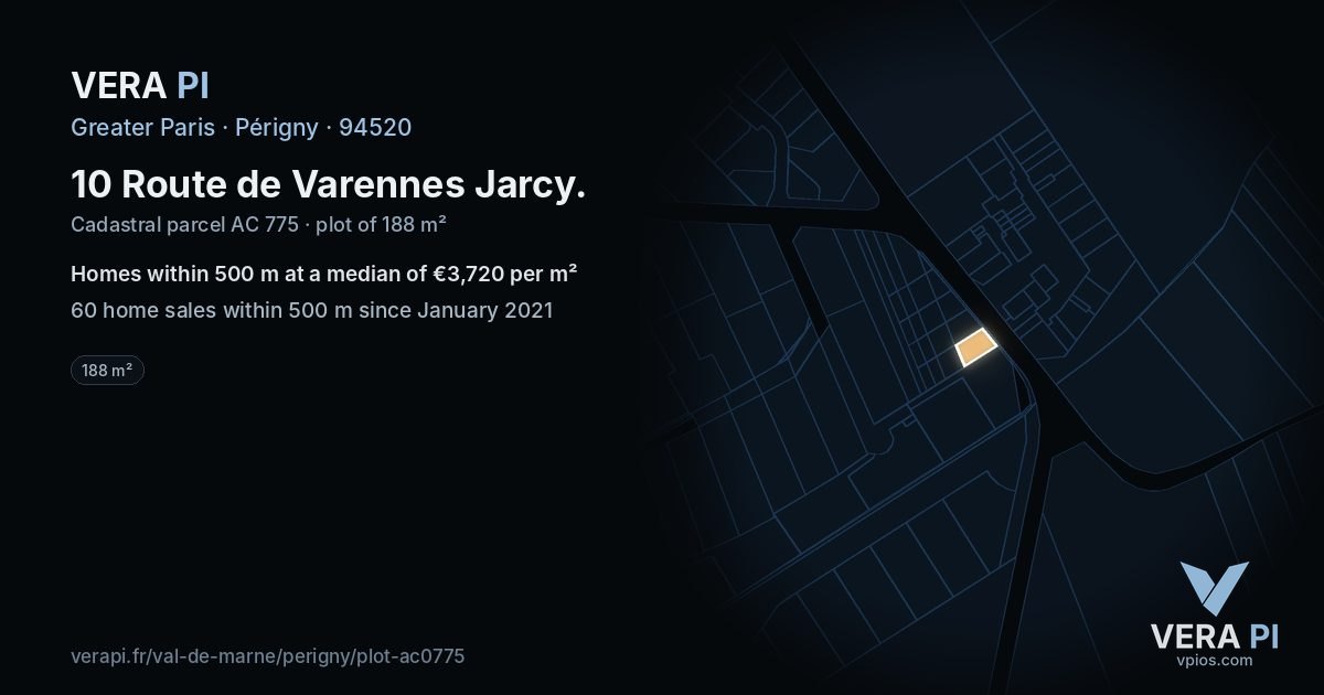 10 Route de Varennes Jarcy, Périgny at night – the plot lit, the parcels around coloured by the prices near them
