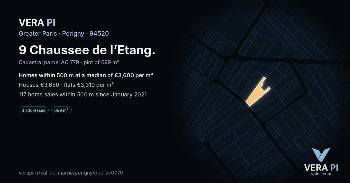 9 Chaussee de l’Etang, Périgny at night – the plot lit, the parcels around coloured by the prices near them