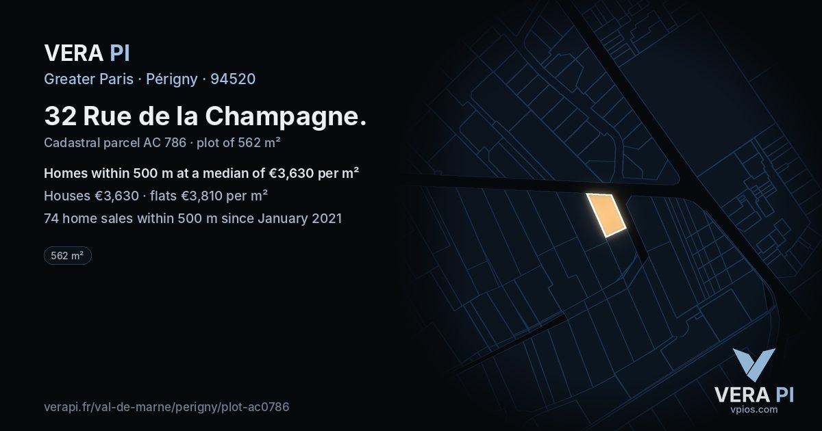 32 Rue de la Champagne, Périgny at night – the plot lit, the parcels around coloured by the prices near them