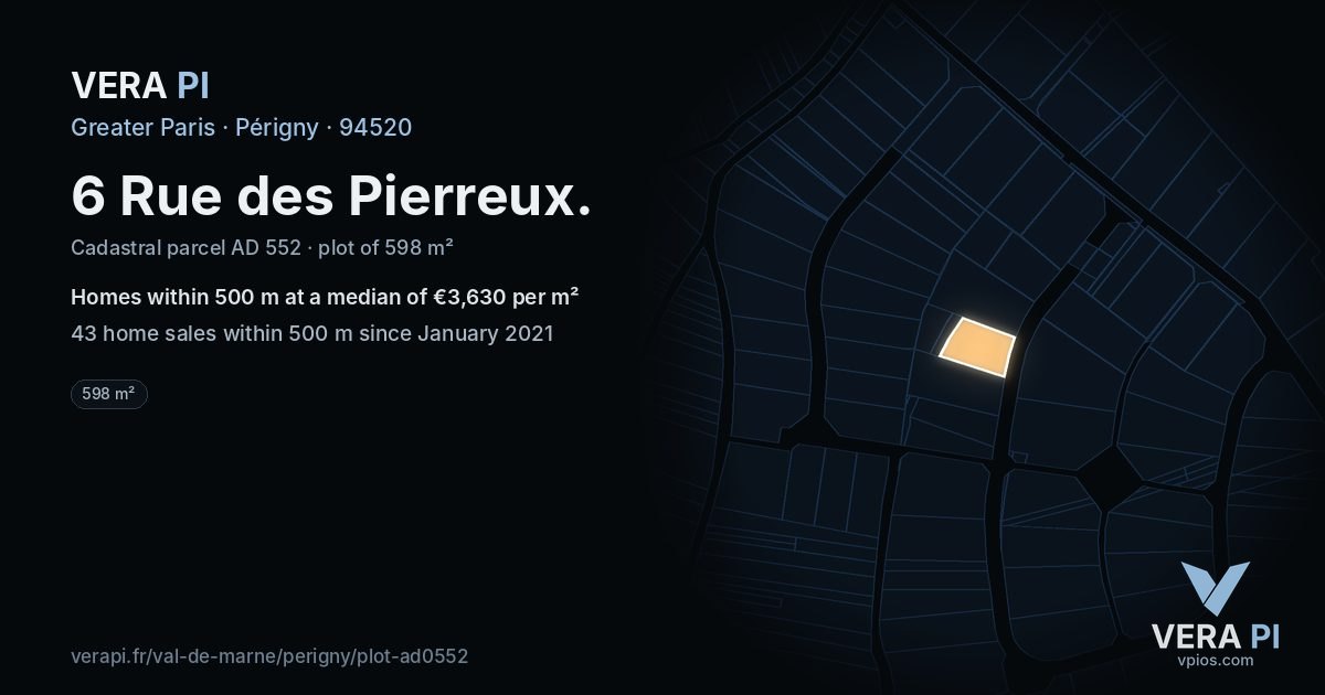 6 Rue des Pierreux, Périgny at night – the plot lit, the parcels around coloured by the prices near them