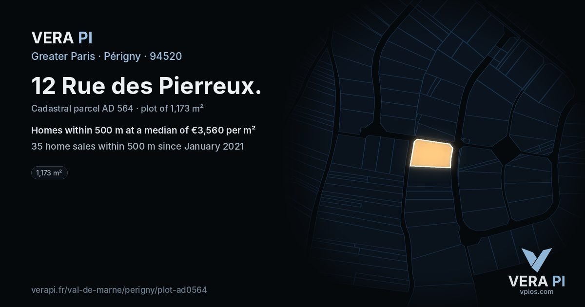 12 Rue des Pierreux, Périgny at night – the plot lit, the parcels around coloured by the prices near them