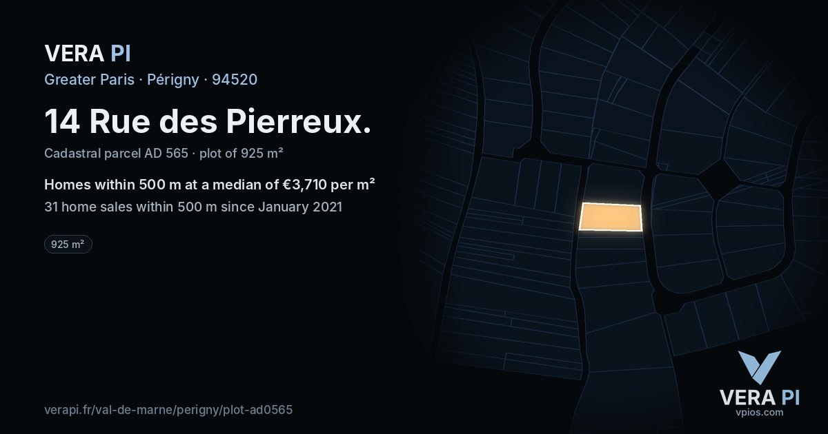 14 Rue des Pierreux, Périgny at night – the plot lit, the parcels around coloured by the prices near them