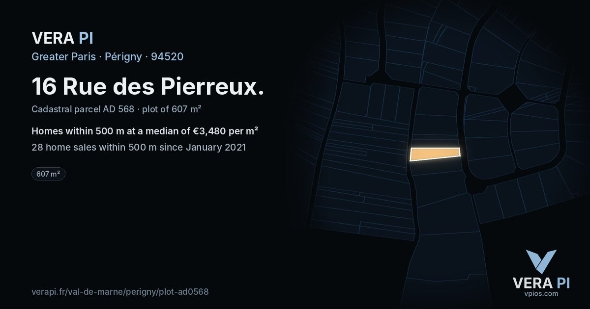 16 Rue des Pierreux, Périgny at night – the plot lit, the parcels around coloured by the prices near them