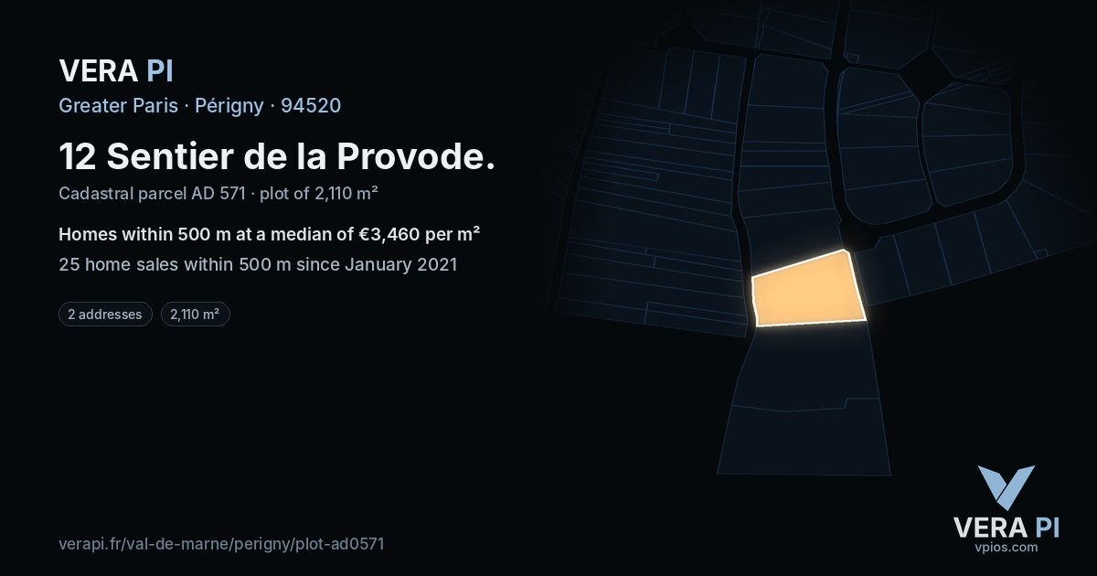 12 Sentier de la Provode, Périgny at night – the plot lit, the parcels around coloured by the prices near them