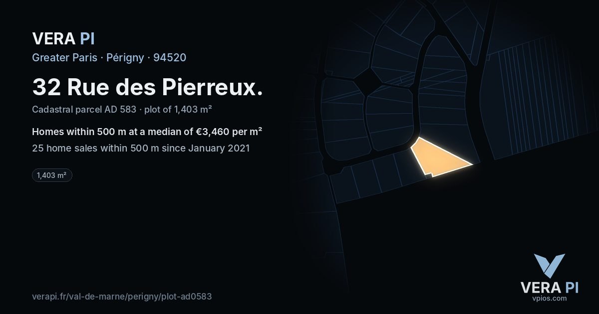 32 Rue des Pierreux, Périgny at night – the plot lit, the parcels around coloured by the prices near them