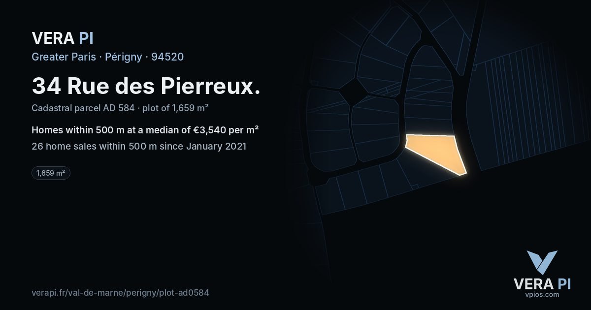 34 Rue des Pierreux, Périgny at night – the plot lit, the parcels around coloured by the prices near them