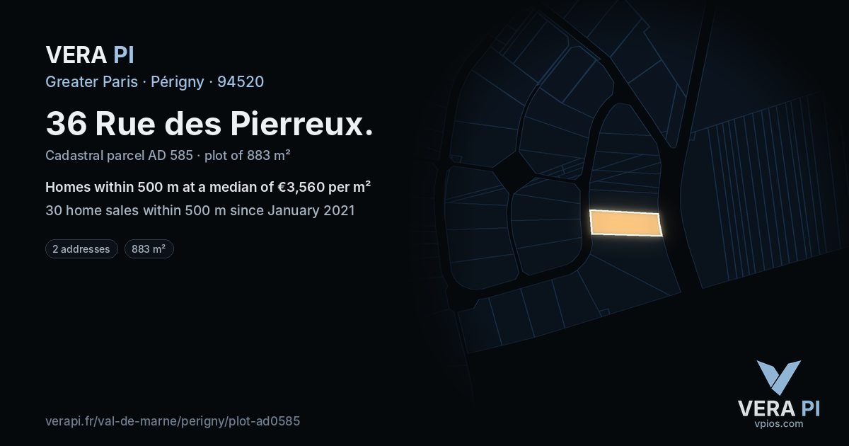 36 Rue des Pierreux, Périgny at night – the plot lit, the parcels around coloured by the prices near them