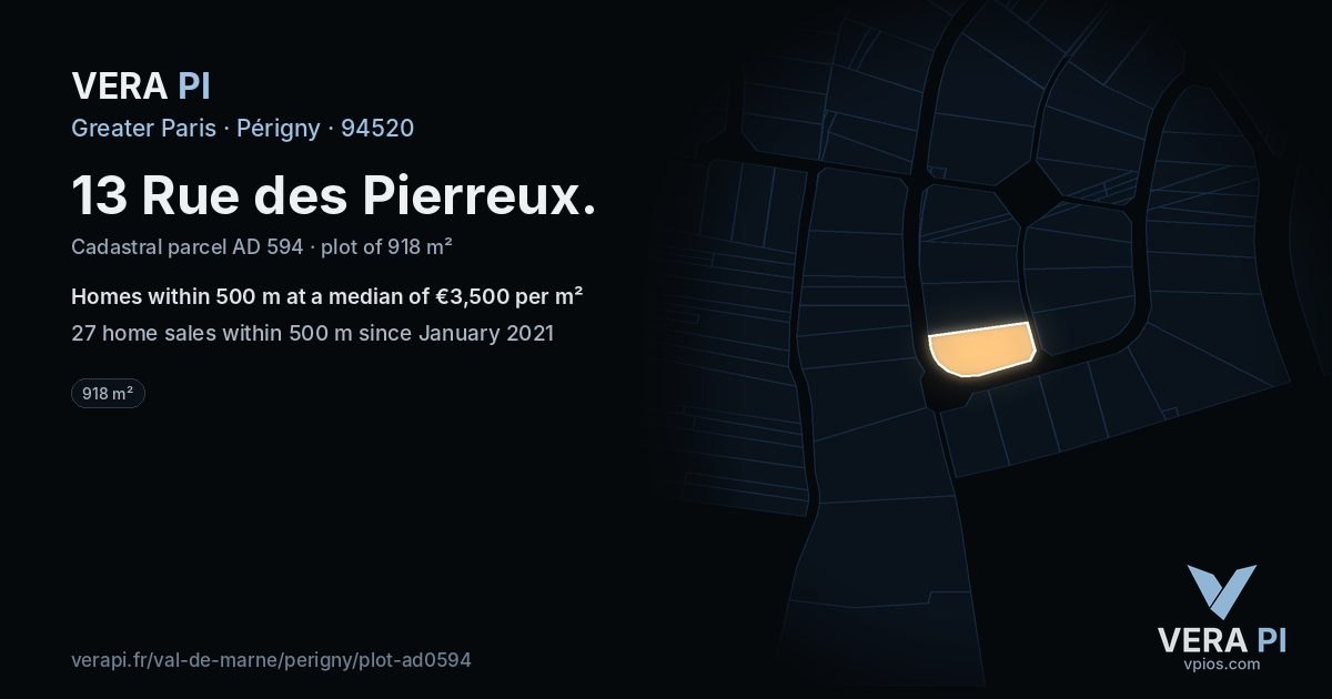 13 Rue des Pierreux, Périgny at night – the plot lit, the parcels around coloured by the prices near them