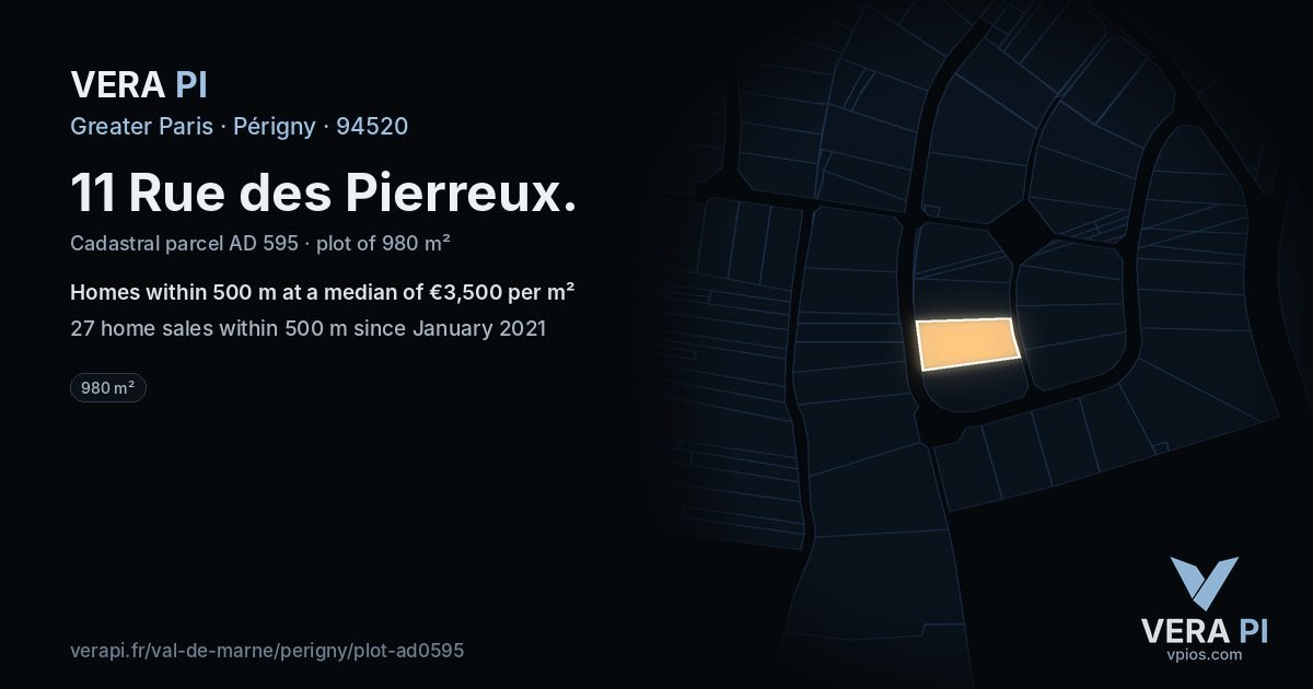 11 Rue des Pierreux, Périgny at night – the plot lit, the parcels around coloured by the prices near them