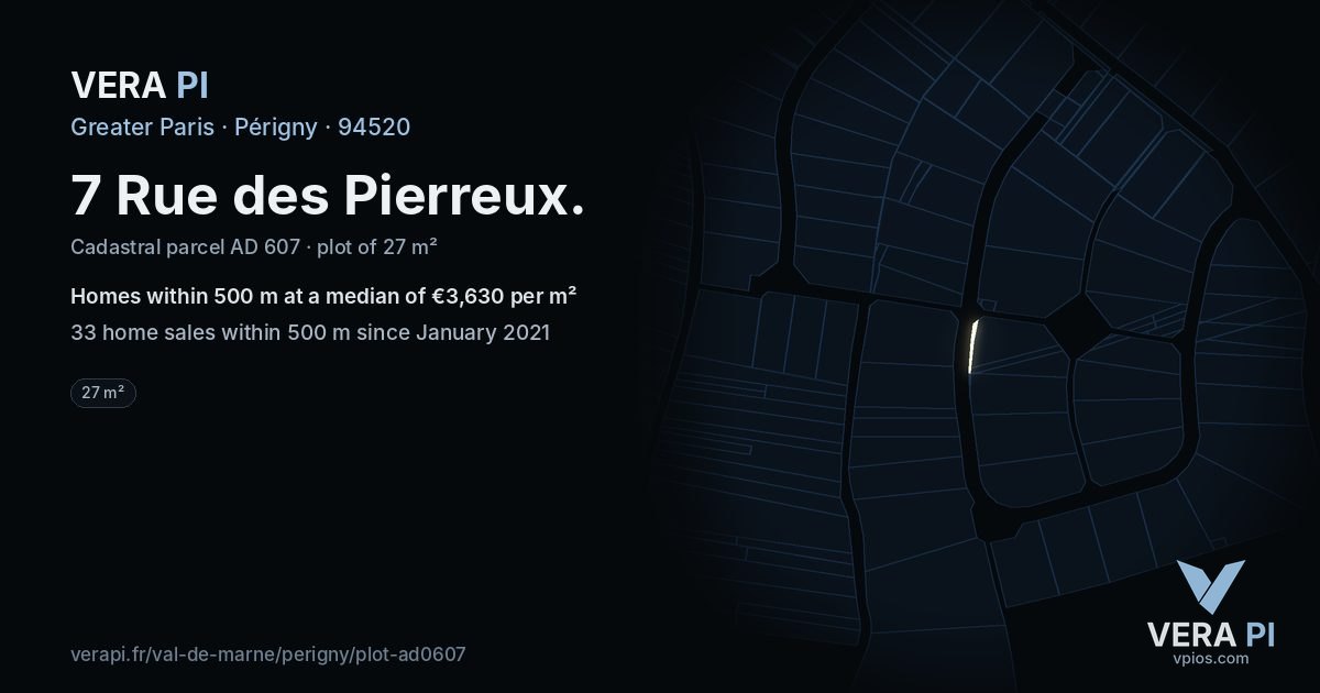 7 Rue des Pierreux, Périgny at night – the plot lit, the parcels around coloured by the prices near them