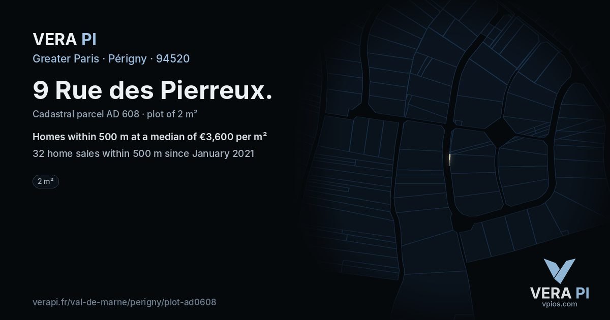 9 Rue des Pierreux, Périgny at night – the plot lit, the parcels around coloured by the prices near them