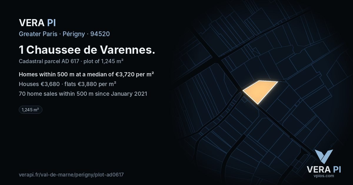 1 Chaussee de Varennes, Périgny at night – the plot lit, the parcels around coloured by the prices near them