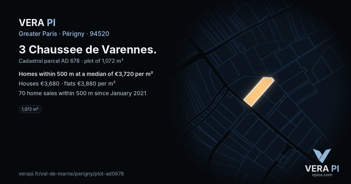 3 Chaussee de Varennes, Périgny at night – the plot lit, the parcels around coloured by the prices near them