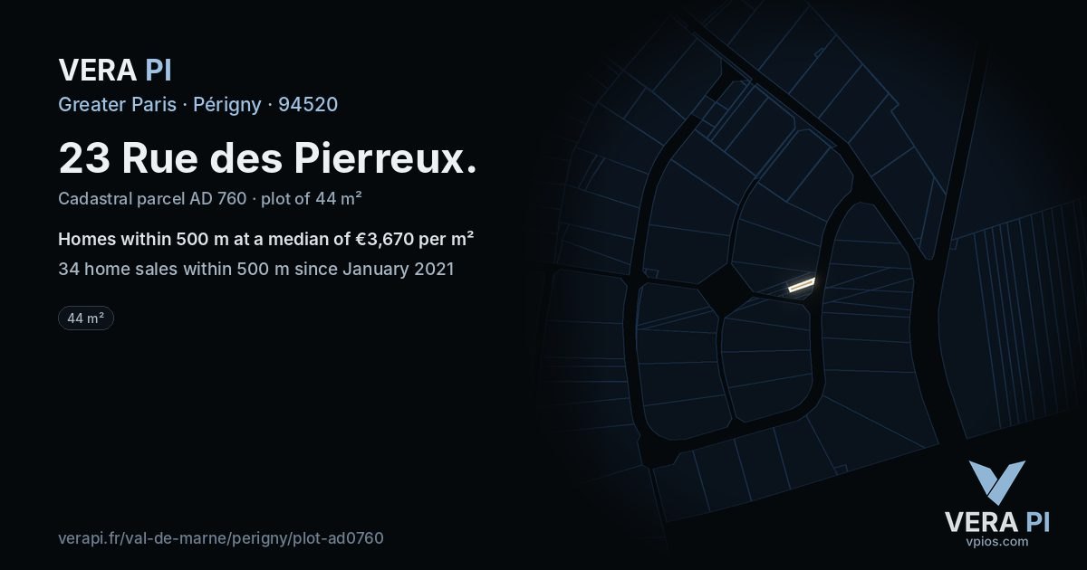23 Rue des Pierreux, Périgny at night – the plot lit, the parcels around coloured by the prices near them