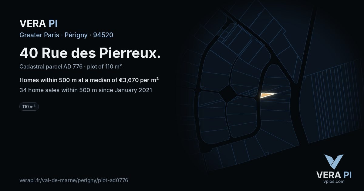 40 Rue des Pierreux, Périgny at night – the plot lit, the parcels around coloured by the prices near them