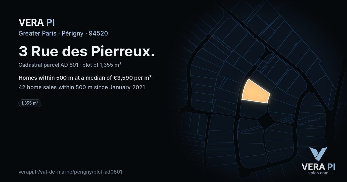 3 Rue des Pierreux, Périgny at night – the plot lit, the parcels around coloured by the prices near them