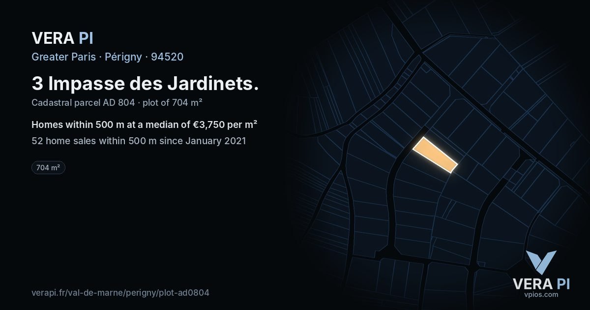 3 Impasse des Jardinets, Périgny at night – the plot lit, the parcels around coloured by the prices near them