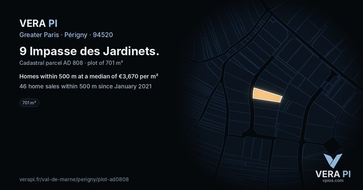 9 Impasse des Jardinets, Périgny at night – the plot lit, the parcels around coloured by the prices near them