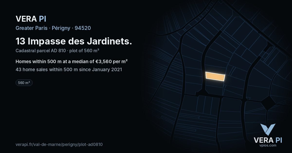 13 Impasse des Jardinets, Périgny at night – the plot lit, the parcels around coloured by the prices near them