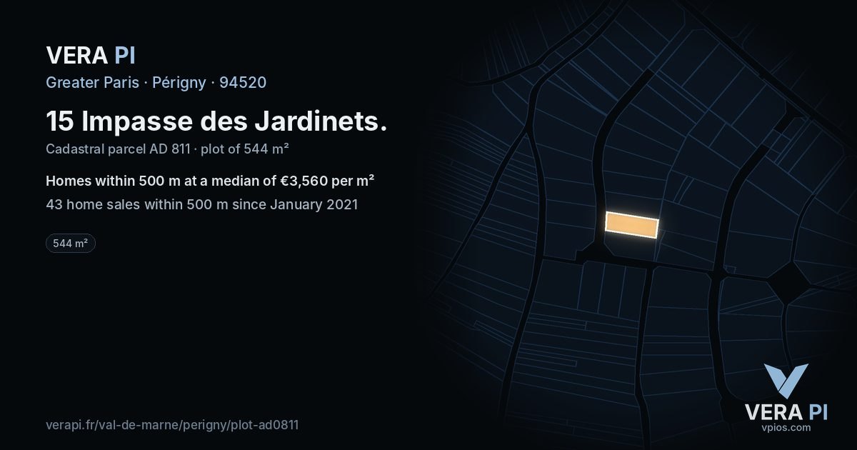 15 Impasse des Jardinets, Périgny at night – the plot lit, the parcels around coloured by the prices near them