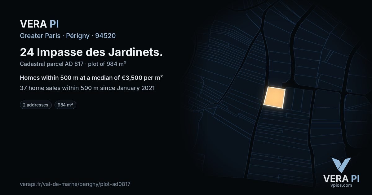 24 Impasse des Jardinets, Périgny at night – the plot lit, the parcels around coloured by the prices near them
