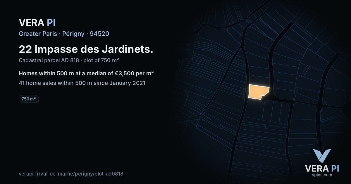 22 Impasse des Jardinets, Périgny at night – the plot lit, the parcels around coloured by the prices near them