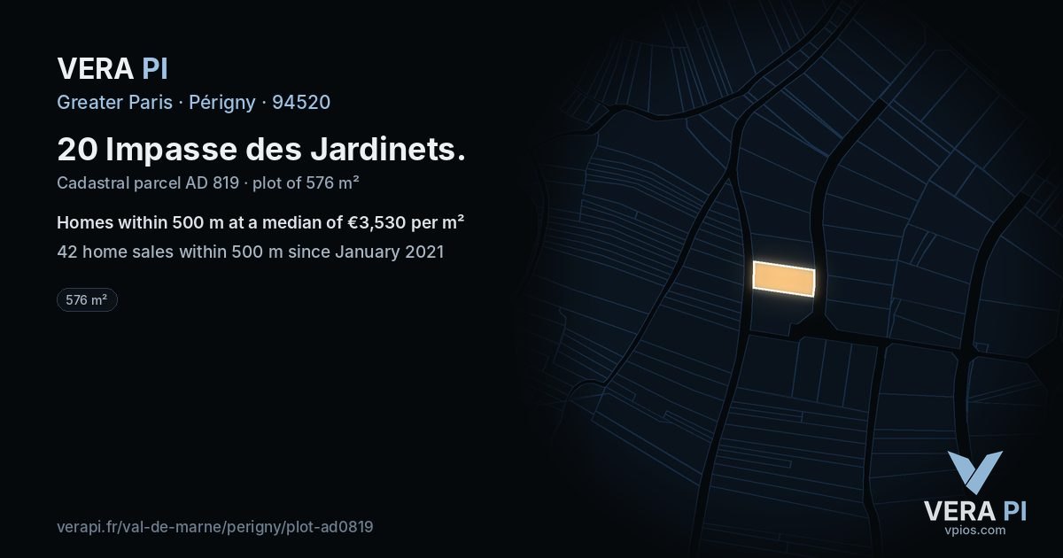 20 Impasse des Jardinets, Périgny at night – the plot lit, the parcels around coloured by the prices near them