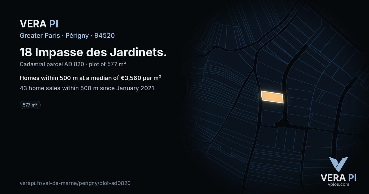 18 Impasse des Jardinets, Périgny at night – the plot lit, the parcels around coloured by the prices near them